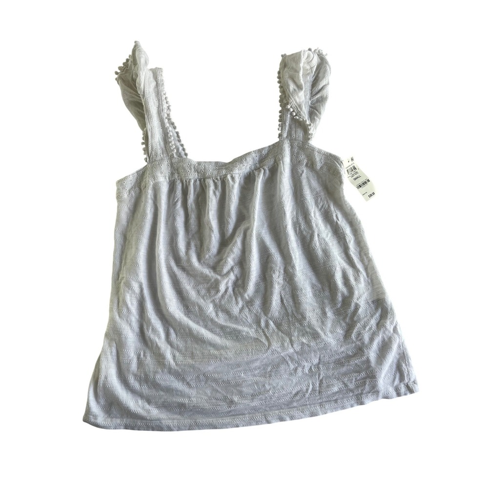 American Eagle White Eyelet Flutter Sleeve‎ Pom Pom Trim Tank Top Small NEW